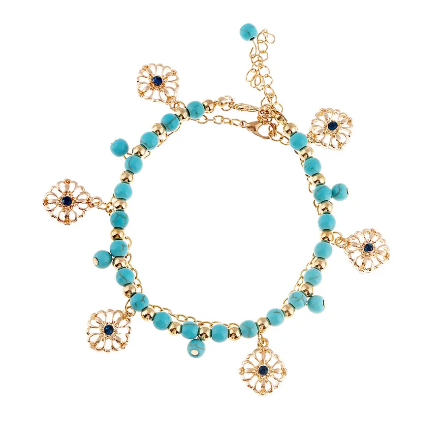 Turquoise Hollow Rose Flower Pendant Tassel Two-piece Combination Anklet