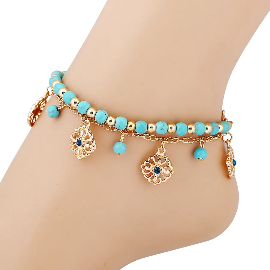Turquoise Hollow Rose Flower Pendant Tassel Two-piece Combination Anklet