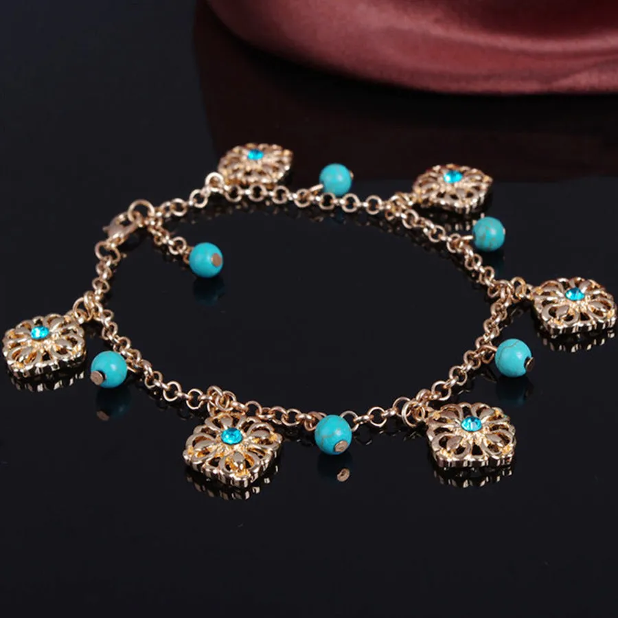 Turquoise Hollow Rose Flower Pendant Tassel Two-piece Combination Anklet