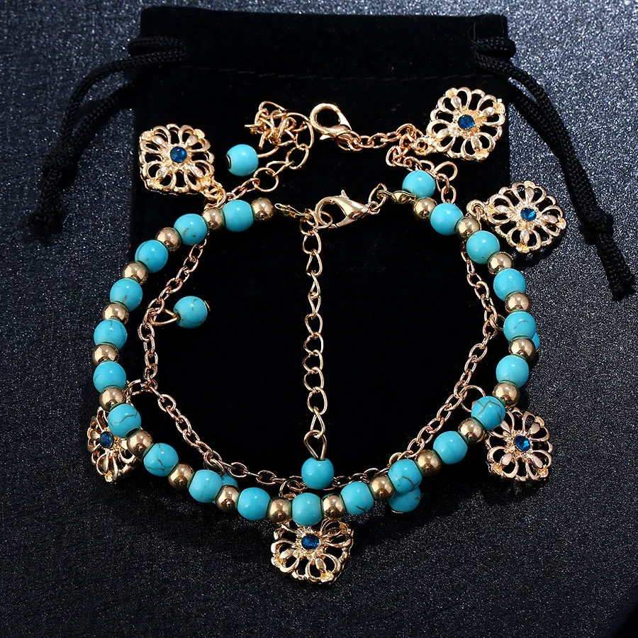 Turquoise Hollow Rose Flower Pendant Tassel Two-piece Combination Anklet